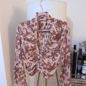 Free People Floral Ruched Bodysuit - Brown and Cream